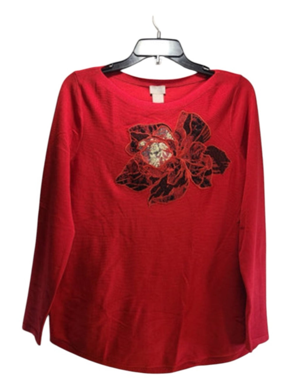 Chico's Red Long-Sleeve Tee with Floral Appliqué